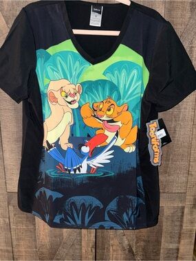 Lion King Short Sleeve V-Neck Top - Black with Multicolor Print